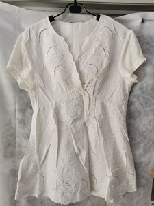 外贸女式短袖衬衫白色绣花长款亚麻棉针织拼接Ad