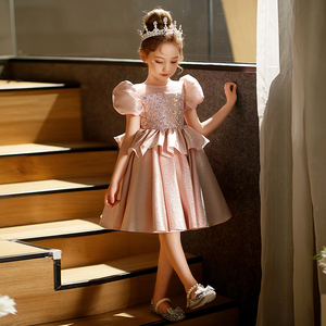 儿童礼服公主裙粉色女童主持人六一演出服短裙高端轻奢夏季蓬蓬裙