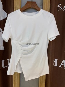 麦寻女装短袖t恤2022夏季修身开叉不对称显瘦纯色上衣otxs2007