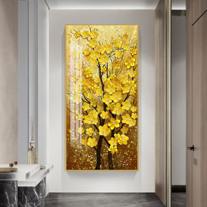 发财树玄关竖版现代简约壁画客厅走廊尽头挂画入户玄关晶瓷装饰画