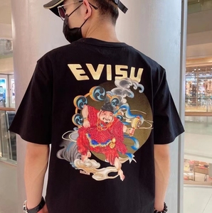 evisu福神短袖雷神图案渐变印花休闲圆领t恤纯棉宽松男女款潮上衣