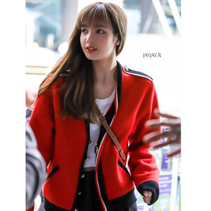 lisa同款针织开衫女2021秋冬新款小香风短款上衣红色黑边毛衣外套