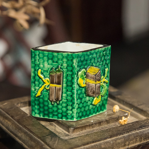 清代一善堂制素三彩琴棋书画菱形笔筒文玩古董收藏文房用品笔筒