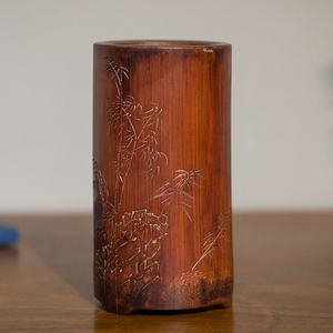 清代周芷岩款竹雕竹石图诗文笔筒文玩古董收藏竹制艺术品摆件笔筒