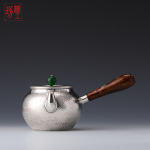 日本细工坊银壶纯银9999烧水壶泡茶壶纯手工大漆侧把小银壶370ml