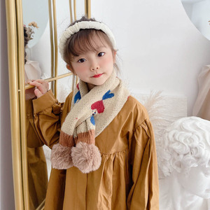 韩版针织儿童围巾冬季毛线提花爱心交叉围脖挂毛球保暖男女童脖套