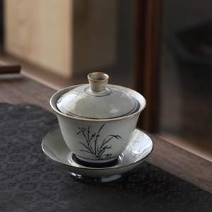 古作堂粗陶青花瓷三才盖碗茶杯单个仿古功夫茶具家用泡茶盖碗套装