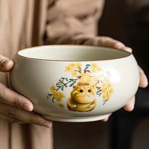 米黄汝窑肥猫咪茶洗陶瓷功夫茶具配件复古家用简约杯洗笔洗茶渣缸
