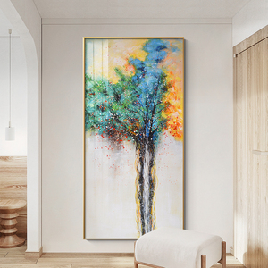现代风格装饰画玄关过道走廊竖版手绘抽象油画壁画生命树晶瓷挂画