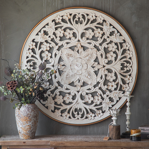 墙面装饰壁挂餐厅壁饰圆形铁艺做旧木质复古墙上挂件欧式雕花花卉