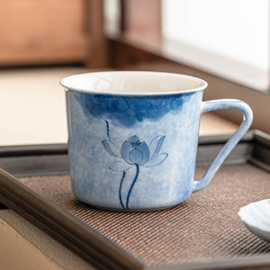 极素手绘蓝莲花咖啡杯陶瓷高档精致下午茶杯子高颜值拿铁杯拉花杯