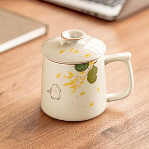 极素金桂月兔泡茶杯个人专用办公茶水分离马克杯带盖陶瓷杯子礼盒