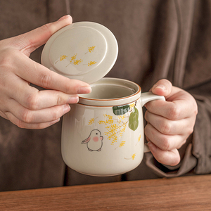 极素手绘金桂月兔办公杯茶水分离泡茶杯子马克杯带盖陶瓷茶具定制