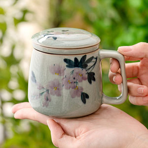极素冰片手绘陶瓷茶杯个人专用茶水分离泡茶杯子马克杯办公室水杯