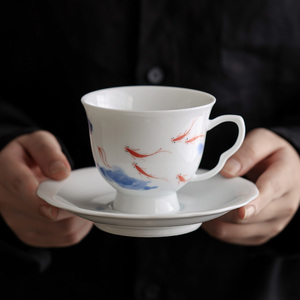纯手绘墨画鱼戏咖啡杯子搅拌高档精致陶瓷下午茶餐具茶具英国茶杯