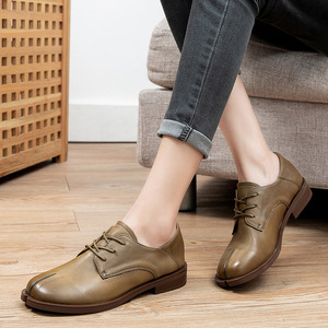 2021春秋景本色复古真皮圆头系带深口擦色单鞋防滑新款低帮女皮鞋