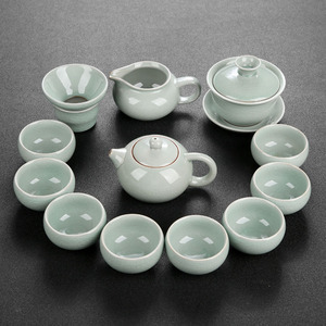 陶瓷功夫茶具双层玻璃茶杯紫砂泡茶壶青瓷冰裂汝窑品茗杯整套耐热