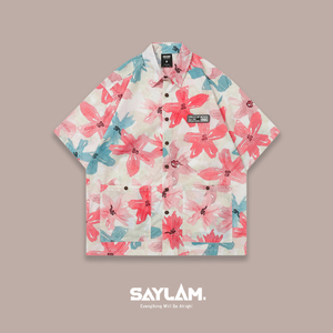 四月桃花 SAYLAM 设计师品牌 美式高街创意满印宽松百搭 男女衬衫