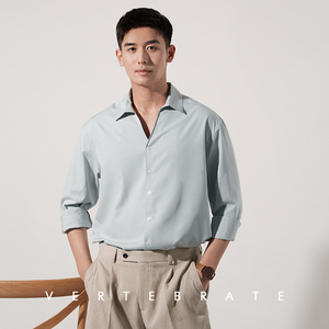 脊椎动物男装莫兰迪色系鸥蓝色v领宽松休闲春款长袖衬衫休闲衬衣