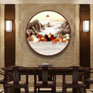 挂墙室八马图墙画圆马到功成八骏图挂画客厅新中式走廊餐厅玄关宣
