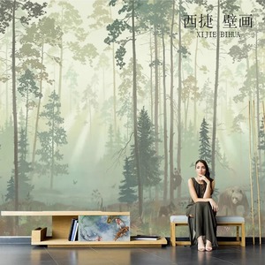 北欧迷雾风景壁纸森林丛林手绘树林壁画客厅电视背景墙纸卧室墙布