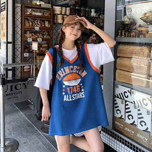 假两件短袖t恤女2022年夏季新款韩版潮牌宽松棒球服上衣中长款ins
