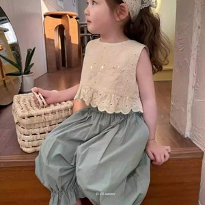 女童夏季套宝宝装韩版蕾丝背心+九分裤洋气两件公主风幼儿园套装
