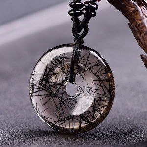 天然黑发晶平安扣吊坠钛晶黑水晶原石转运圈项链无事牌挂件礼物