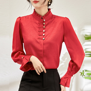 欧美高端时尚英伦木耳领喇叭袖单排扣提花红色衬衫百搭气质上衣女