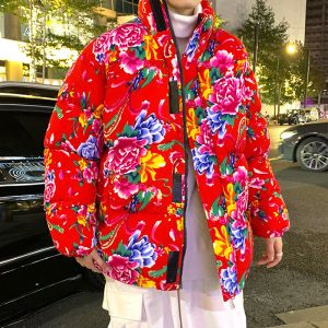中国风牡丹花东北大花棉袄大红色棉服oversize女潮冬季面包服外套