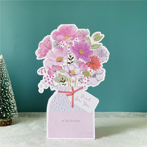 欧美创意温馨粉嫩花朵立体贺卡生日礼物留言信封感恩妈妈手写卡片