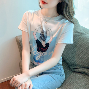 2023夏季新款真丝白色短袖t恤女印花韩版宽松欧货设计感小众上衣