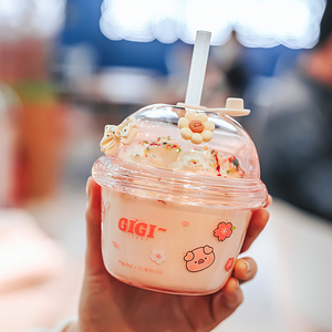 吉吉猪迷你塑料水杯带吸管高颜值可爱奶茶杯女生夏季儿童便携杯子
