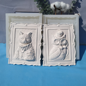 石膏彩绘模具浮雕摆件硅胶磨具香薰立体浮雕动物相框壁挂女猫磨具