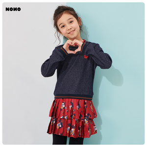 nono&co童装秋季款休闲长袖连衣裙棉内衬百褶裙女童洋气