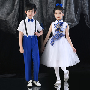 儿童合唱演出服女童舞蹈礼服裙主持人小学生男童朗诵宝蓝色表演服