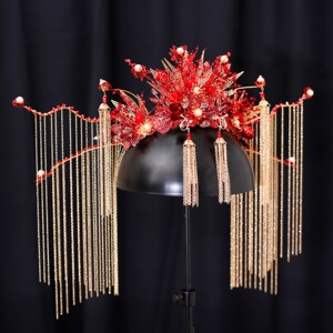 秀禾和服头饰中式大气古典凤冠红色步摇流苏古代皇后发饰2020新品