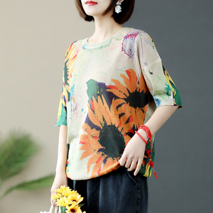 复古太阳花薄款短袖棉麻t恤女夏装新款韩版宽松休闲大码针织上衣