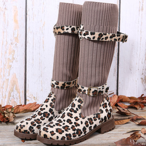 女靴大码43豹纹平底皮靴Leopard women flat boots long boots