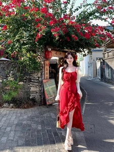 套装女2024春夏新款茶歇法式红色开衩长裙修身吊带连衣裙防晒开衫
