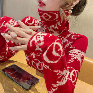 潮牌新年红色高领毛衣女内搭加厚冬季新款时尚图案打底衫上衣春秋