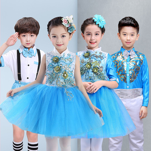 六一儿童演出服男女童蓝色舞蹈小学生合唱蓬蓬裙爱国朗诵表演裙子