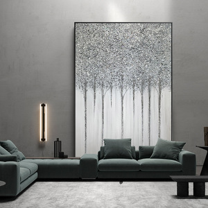 纯手绘油画北欧抽象风景装饰画白桦林玄关竖版挂画轻奢壁画冷色系