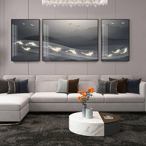 现代三联装饰画简约客厅沙发背景墙挂画高档侧面过道九鱼图晶瓷画