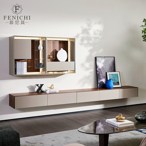 意式电视柜壁柜组合客厅挂墙式橡木置物柜现代视听柜背景墙柜吊柜