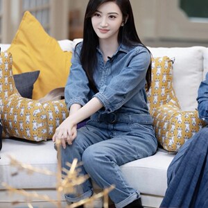 半熟恋人景甜同款气质上衣连体裤春秋季新款时尚蓝色牛仔连衣裤女