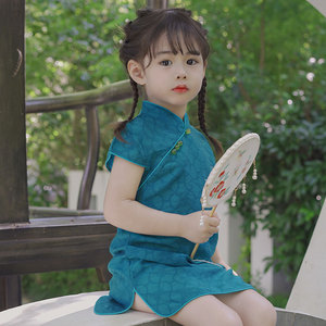 儿童旗袍夏季短袖中国风改良连衣裙女童蓝色新中式民国风唐装礼服