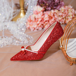 秀禾婚鞋红色高跟鞋女结婚水晶鞋小众高级感中式婚礼新娘鞋子细跟