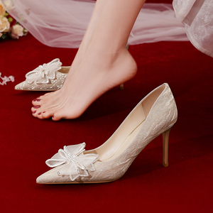 rwf水晶鞋女夏季婚鞋主婚纱新娘鞋蝴蝶结高跟鞋细跟结婚伴娘鞋子