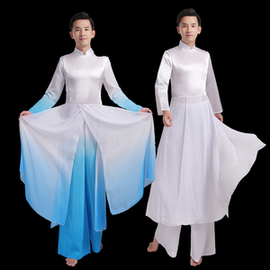 中国风现代舞蹈演出服装男士蓝色古典舞表演服成人飘逸白色纱衣